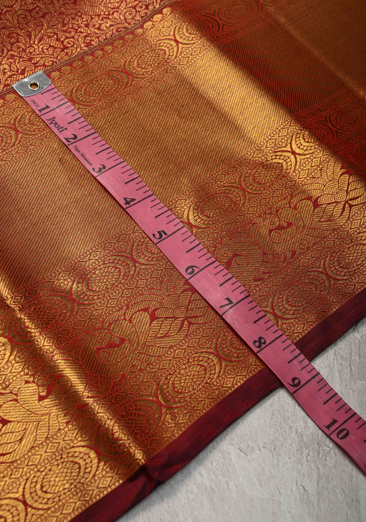 1 Gram Zari Maroon Pure Kanjivaram Silk Saree with Peacock Brocade and Zari Border | SILK MARK CERTIFIED