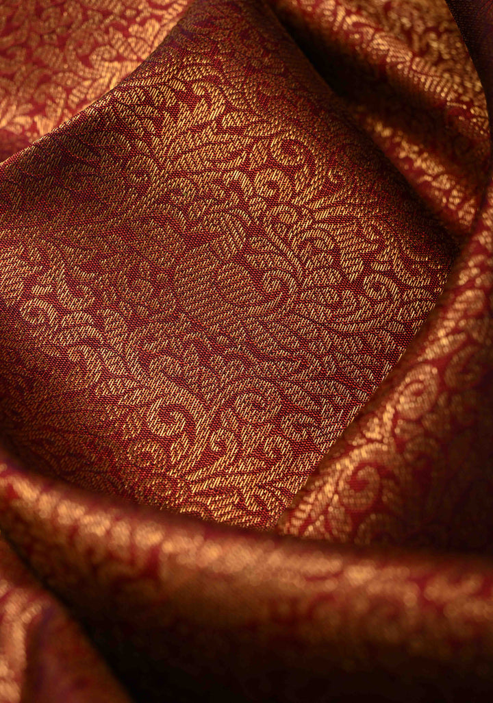 1 Gram Zari Maroon Pure Kanjivaram Silk Saree with Peacock Brocade and Zari Border | SILK MARK CERTIFIED