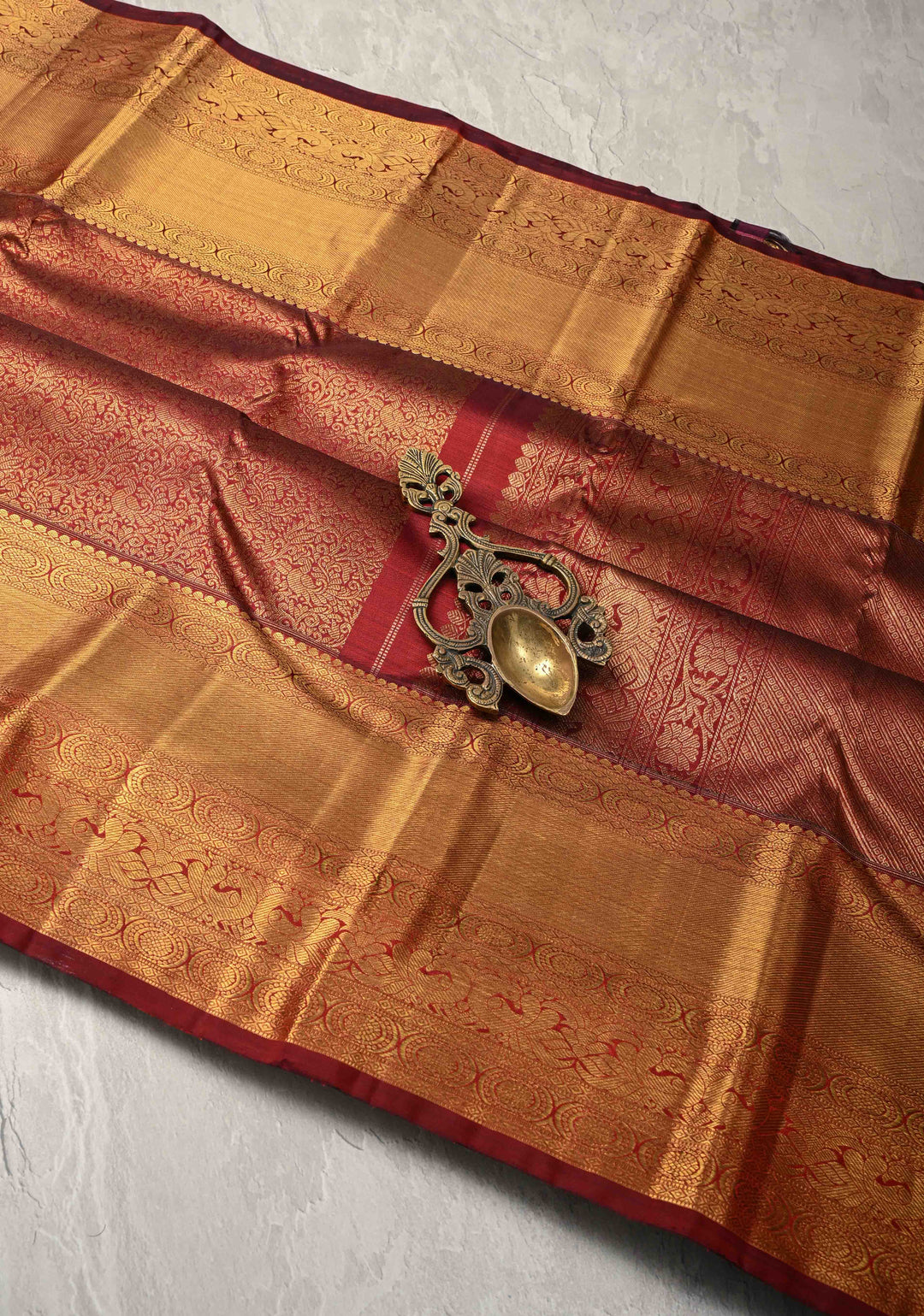1 Gram Zari Maroon Pure Kanjivaram Silk Saree with Peacock Brocade and Zari Border | SILK MARK CERTIFIED