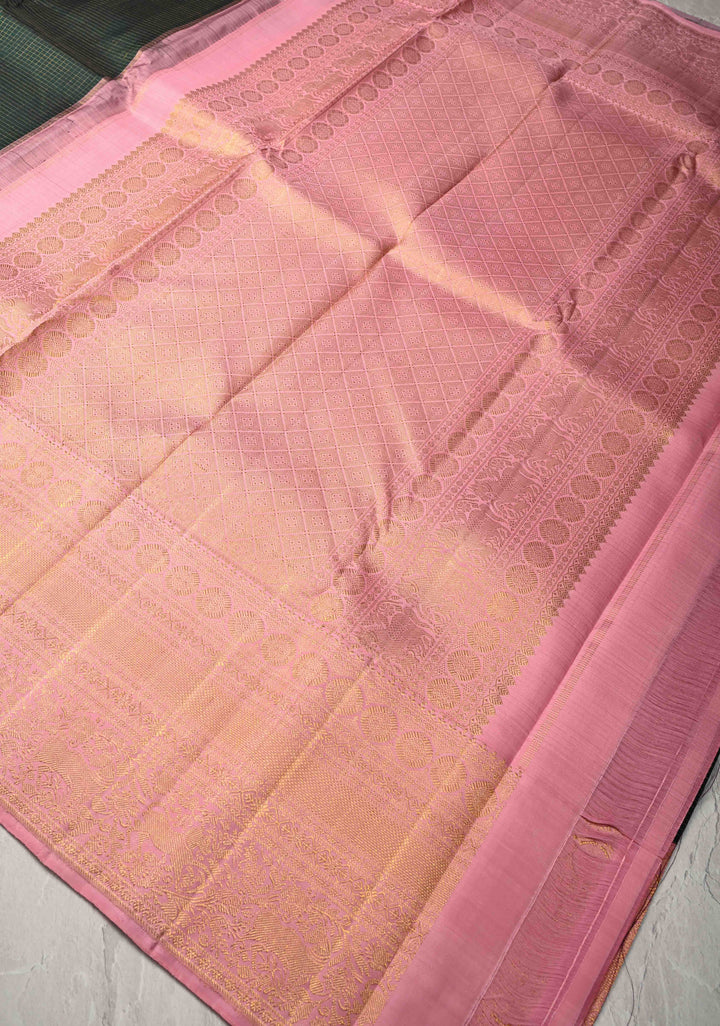 1 Gram Zari Dark Green Pure Kanjivaram Silk Saree with Podi-Kattam Zari Checks and Contrast Zari Border | SILK MARK CERTIFIED