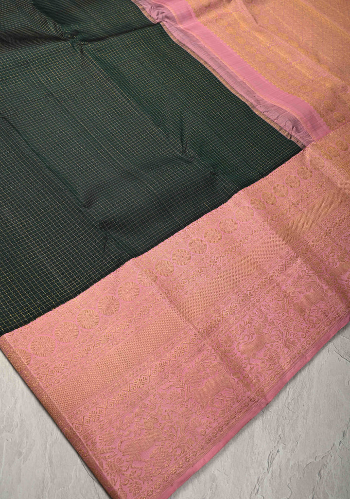 1 Gram Zari Dark Green Pure Kanjivaram Silk Saree with Podi-Kattam Zari Checks and Contrast Zari Border | SILK MARK CERTIFIED