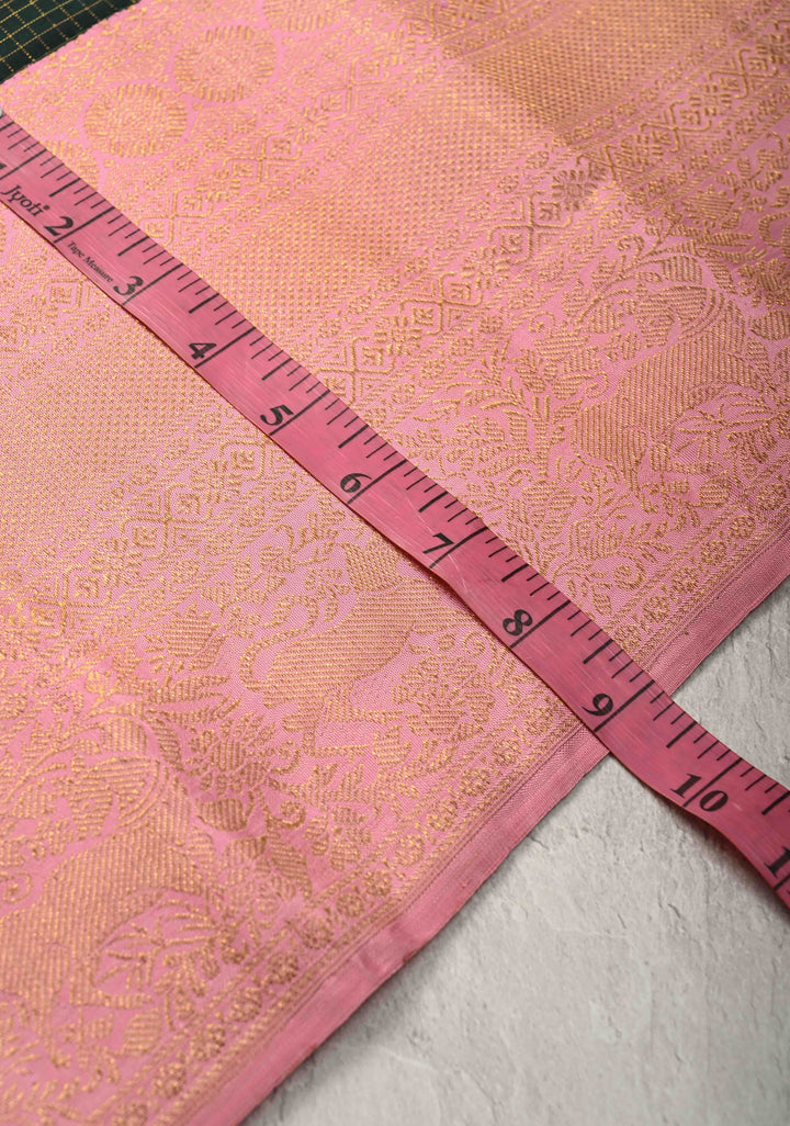 1 Gram Zari Dark Green Pure Kanjivaram Silk Saree with Podi-Kattam Zari Checks and Contrast Zari Border | SILK MARK CERTIFIED