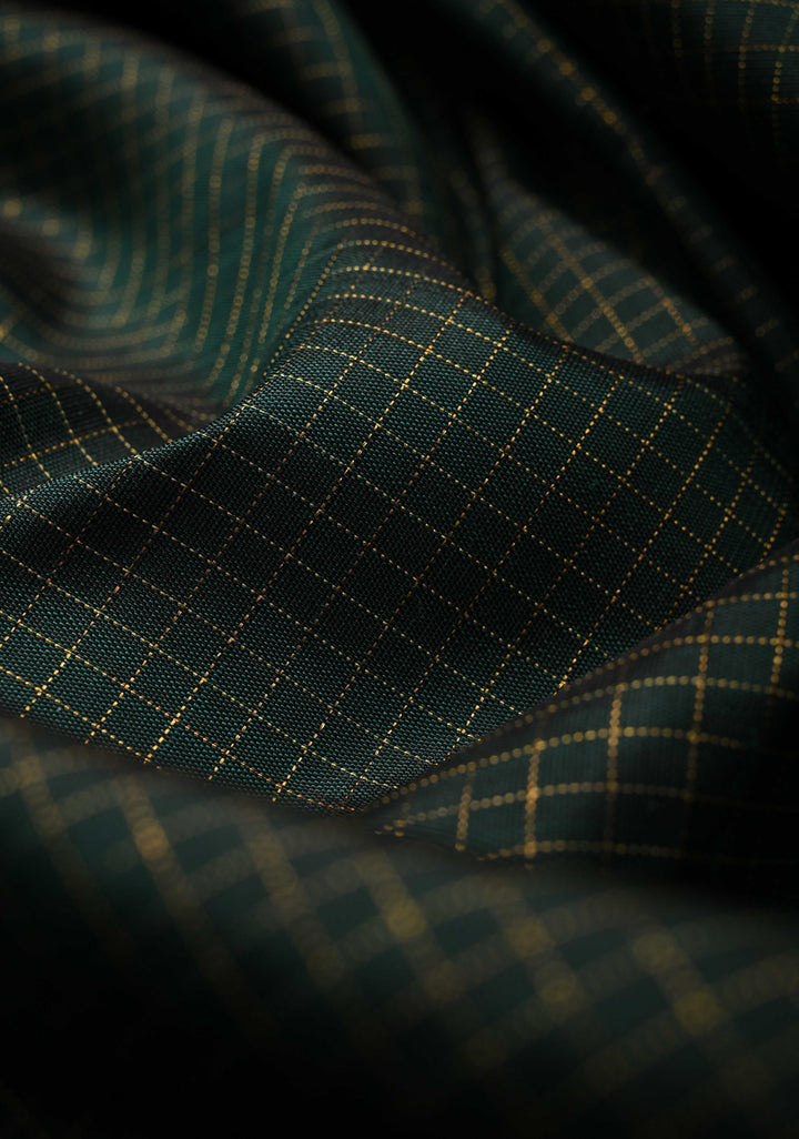 1 Gram Zari Dark Green Pure Kanjivaram Silk Saree with Podi-Kattam Zari Checks and Contrast Zari Border | SILK MARK CERTIFIED