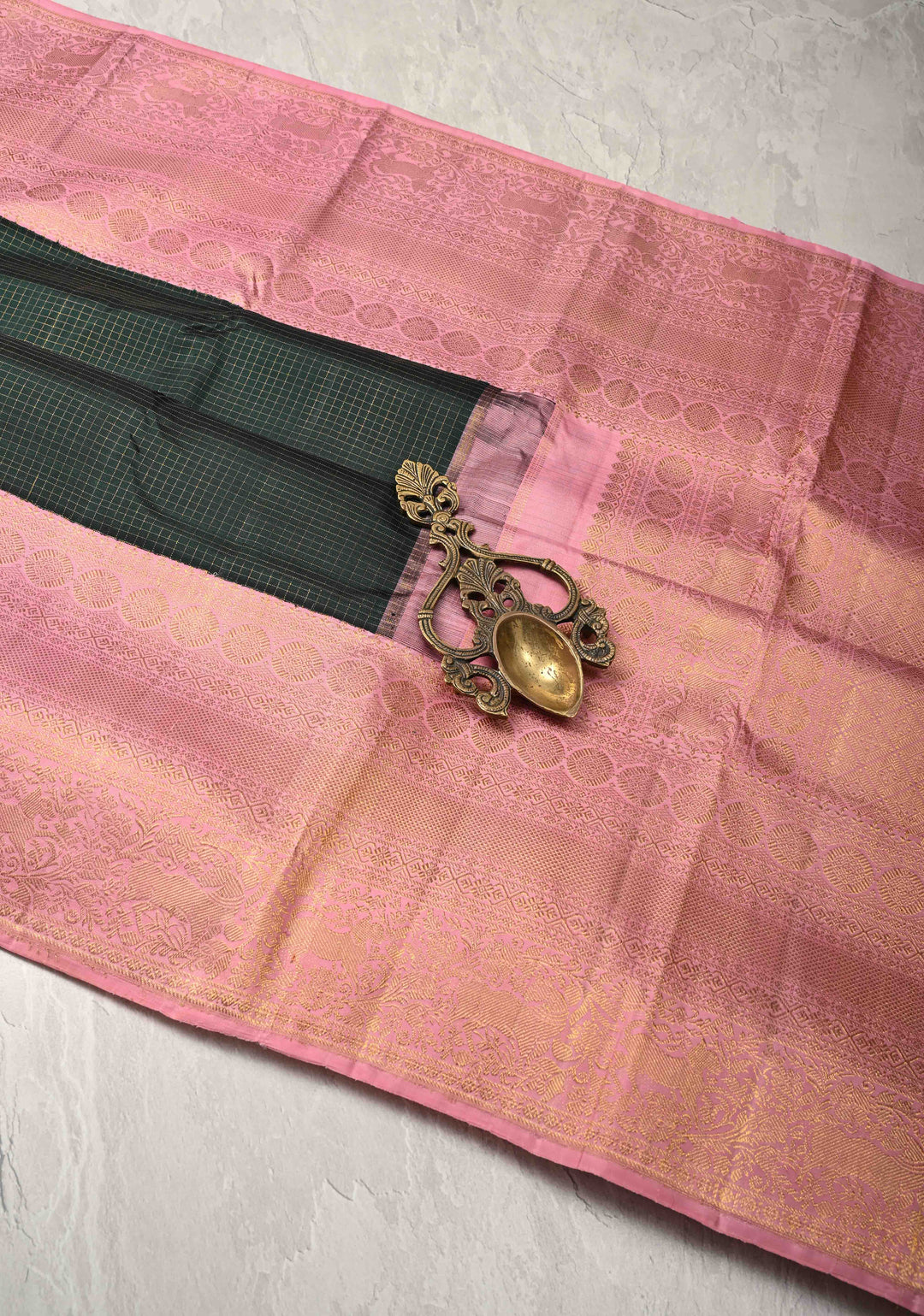 1 Gram Zari Dark Green Pure Kanjivaram Silk Saree with Podi-Kattam Zari Checks and Contrast Zari Border | SILK MARK CERTIFIED