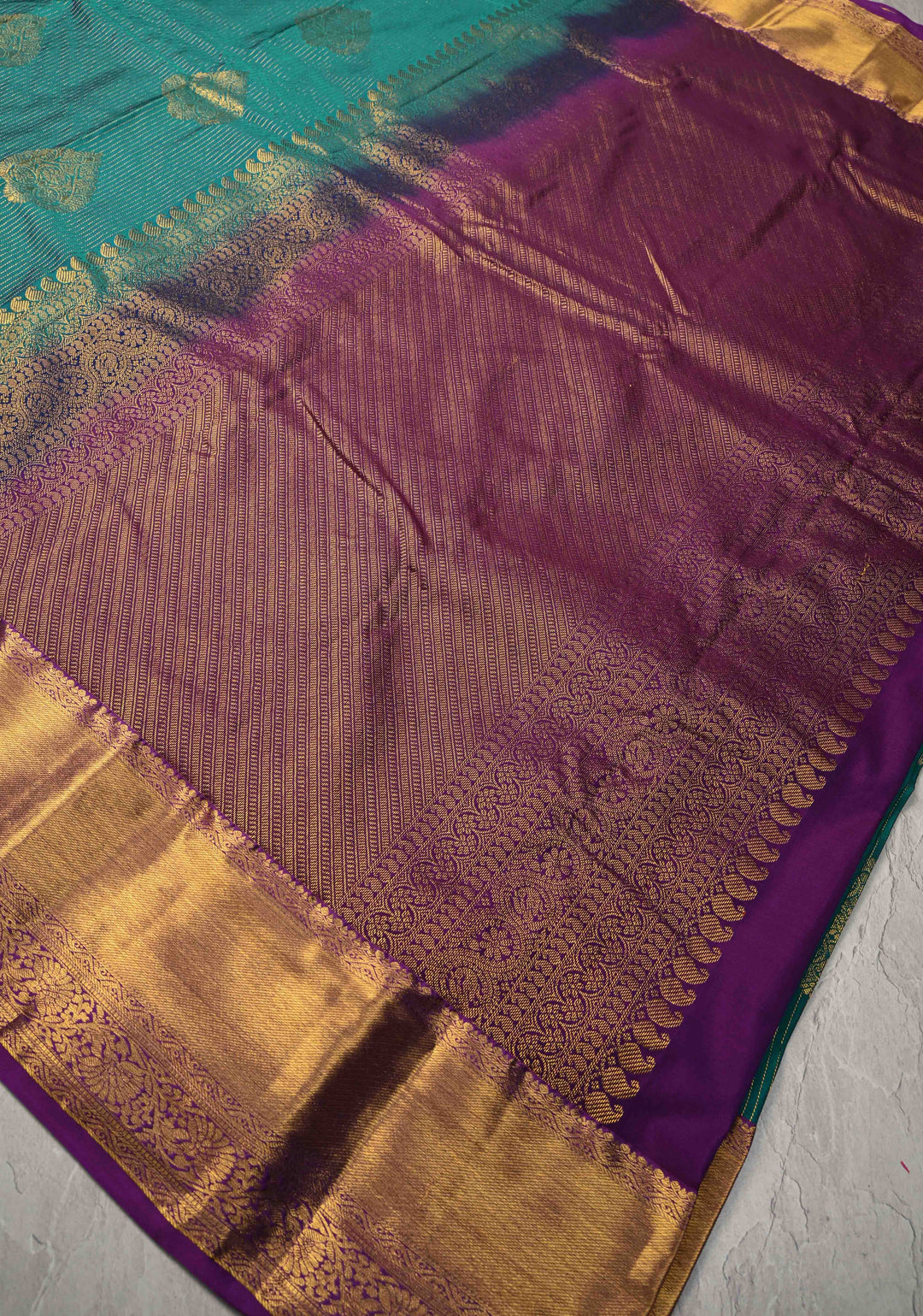 Rama Green Zari Stripes on Kanjivaram Semi Silk Saree with Zari Buttas and Contrast Zari Border