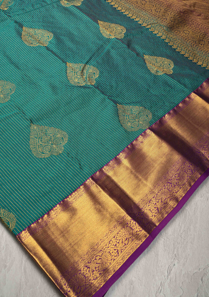 Rama Green Zari Stripes on Kanjivaram Semi Silk Saree with Zari Buttas and Contrast Zari Border