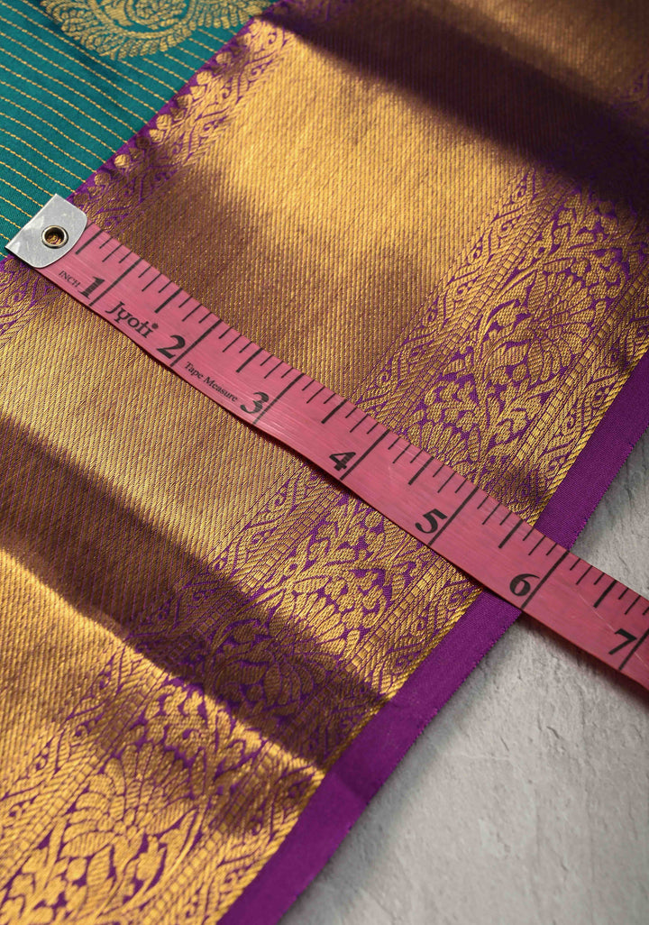 Rama Green Zari Stripes on Kanjivaram Semi Silk Saree with Zari Buttas and Contrast Zari Border