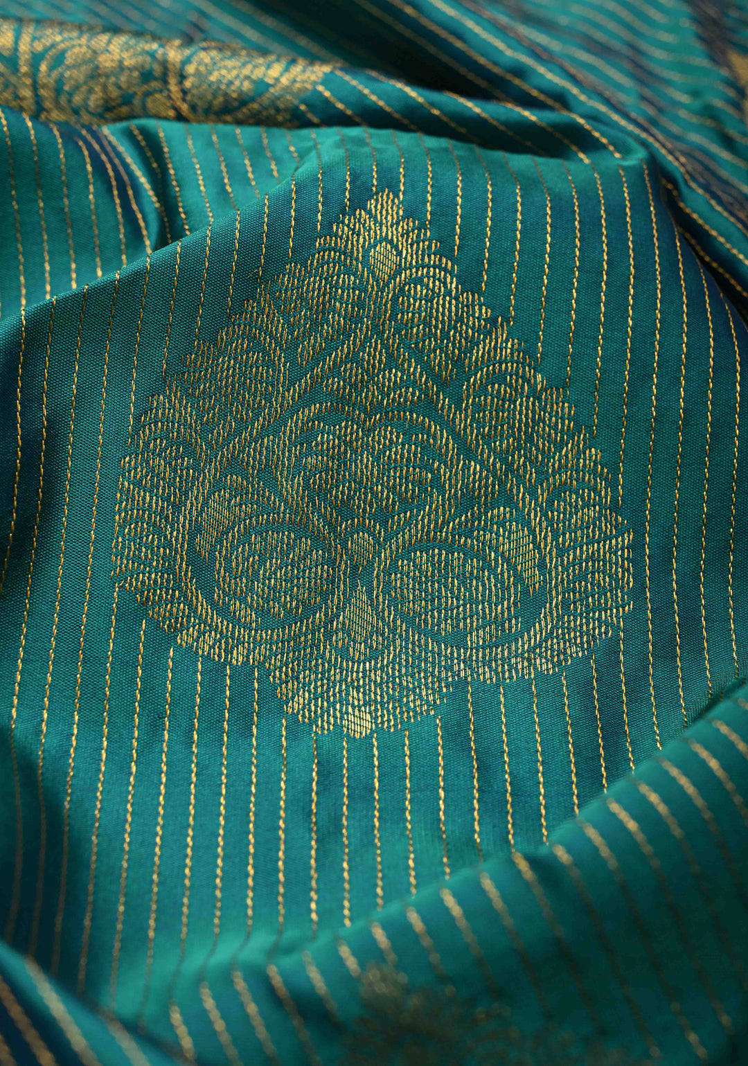 Rama Green Zari Stripes on Kanjivaram Semi Silk Saree with Zari Buttas and Contrast Zari Border