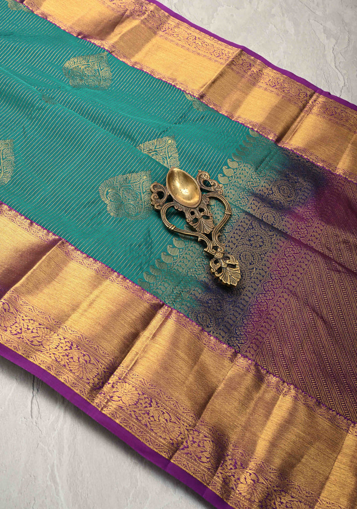 Rama Green Zari Stripes on Kanjivaram Semi Silk Saree with Zari Buttas and Contrast Zari Border