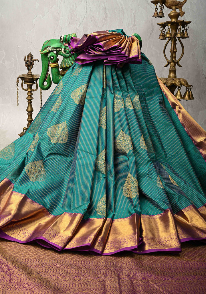 Rama Green Zari Stripes on Kanjivaram Semi Silk Saree with Zari Buttas and Contrast Zari Border