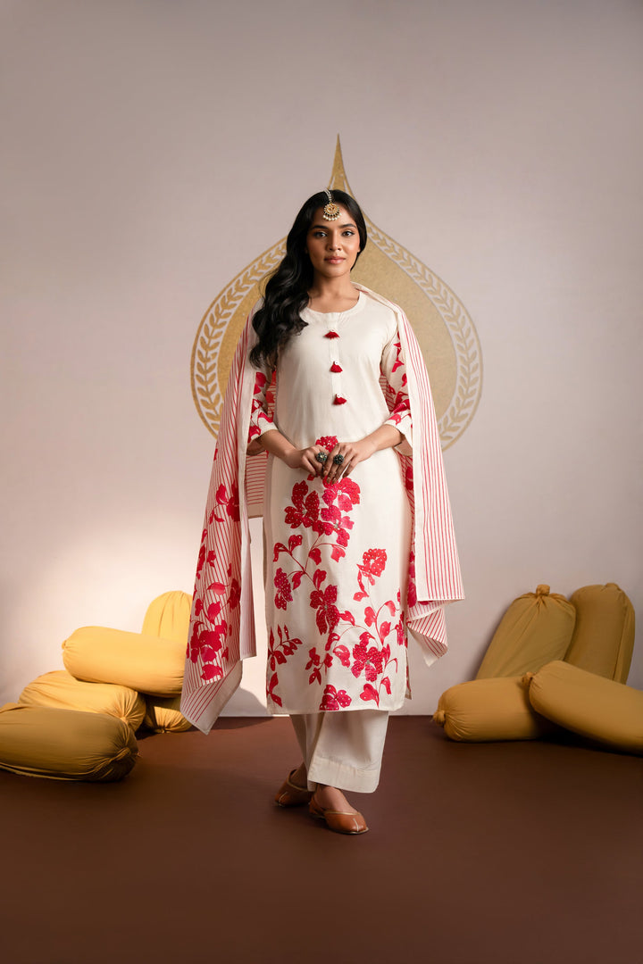 Red floral Placement Print Mul Cotton Suit Set with Sequence and Tari work - SET OF-3 | SHOBITAM