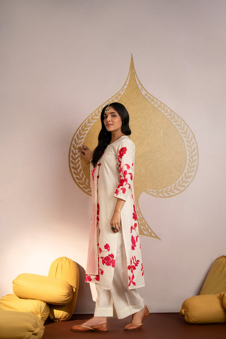 Red floral Placement Print Mul Cotton Suit Set with Sequence and Tari work - SET OF-3 | SHOBITAM
