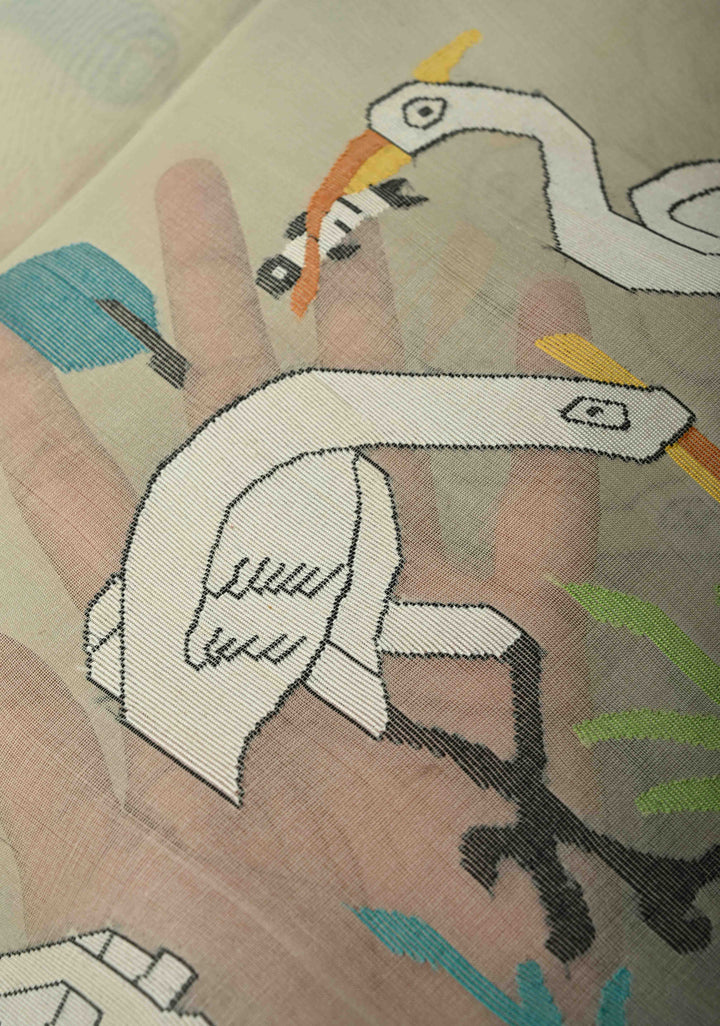 Off White Muslin Silk Saree with Crane Motifs and Full Body Jamdani Weaving | SILK MARK CERTIFIED