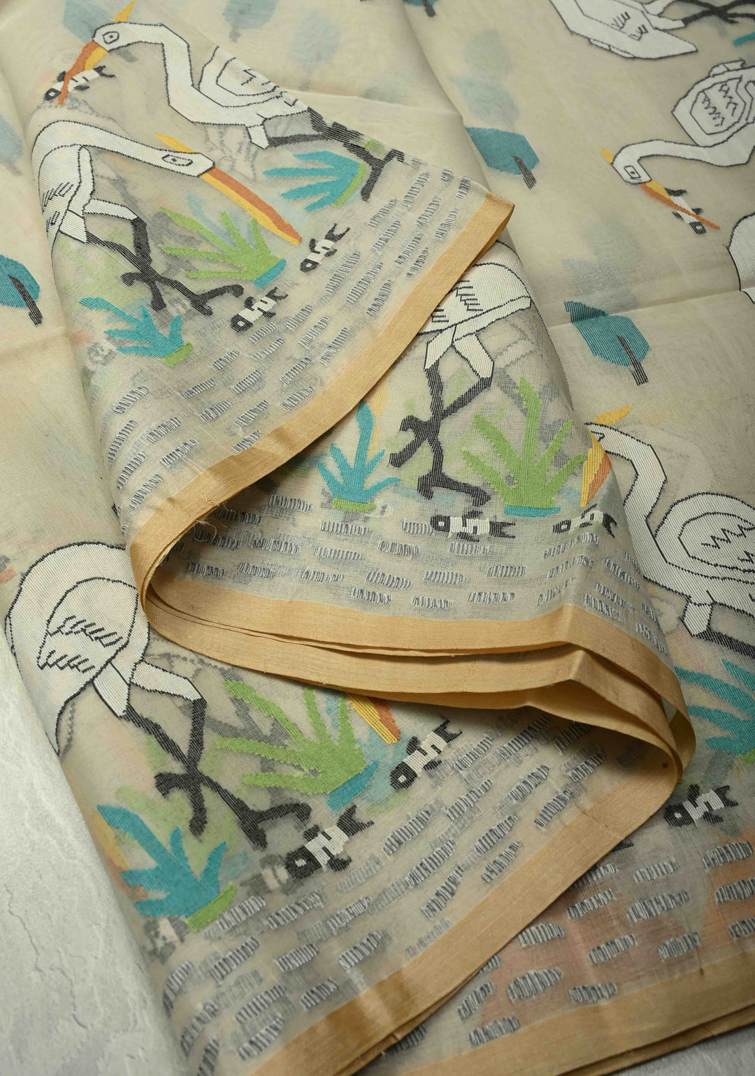 Off White Muslin Silk Saree with Crane Motifs and Full Body Jamdani Weaving | SILK MARK CERTIFIED