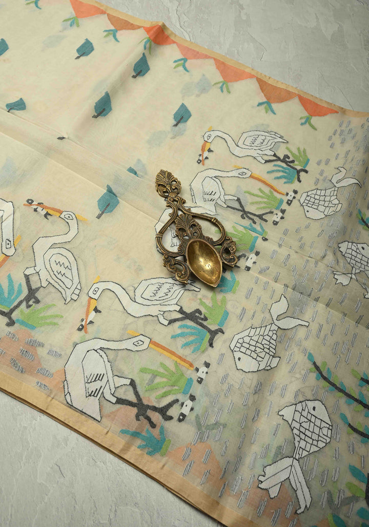 Off White Muslin Silk Saree with Crane Motifs and Full Body Jamdani Weaving | SILK MARK CERTIFIED