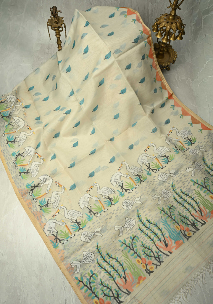 Off White Muslin Silk Saree with Crane Motifs and Full Body Jamdani Weaving | SILK MARK CERTIFIED