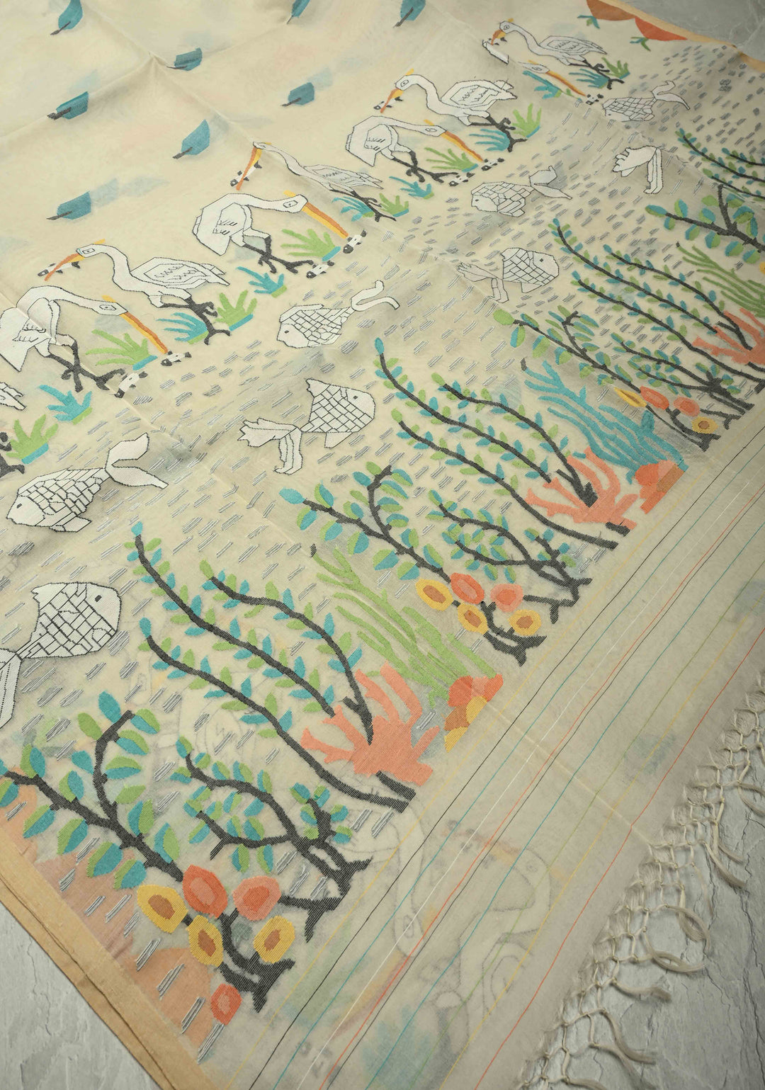 Off White Muslin Silk Saree with Crane Motifs and Full Body Jamdani Weaving | SILK MARK CERTIFIED