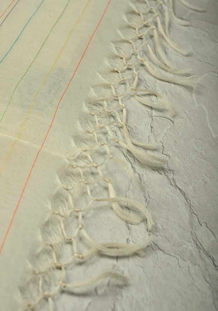 Off White Muslin Silk Saree with Crane Motifs and Full Body Jamdani Weaving | SILK MARK CERTIFIED