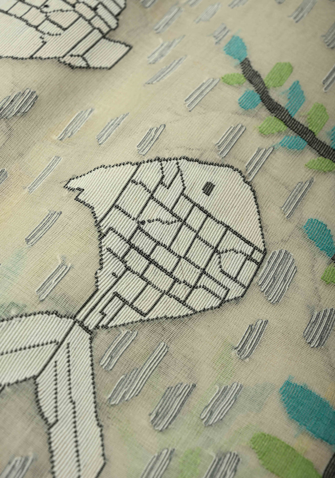 Off White Muslin Silk Saree with Crane Motifs and Full Body Jamdani Weaving | SILK MARK CERTIFIED