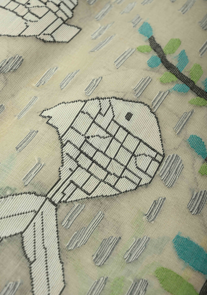 Off White Muslin Silk Saree with Crane Motifs and Full Body Jamdani Weaving | SILK MARK CERTIFIED