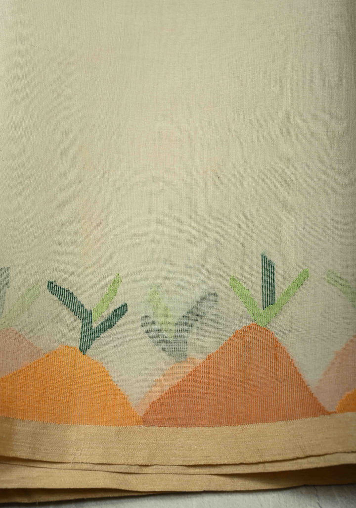 Off White Muslin Silk Saree with Crane Motifs and Full Body Jamdani Weaving | SILK MARK CERTIFIED