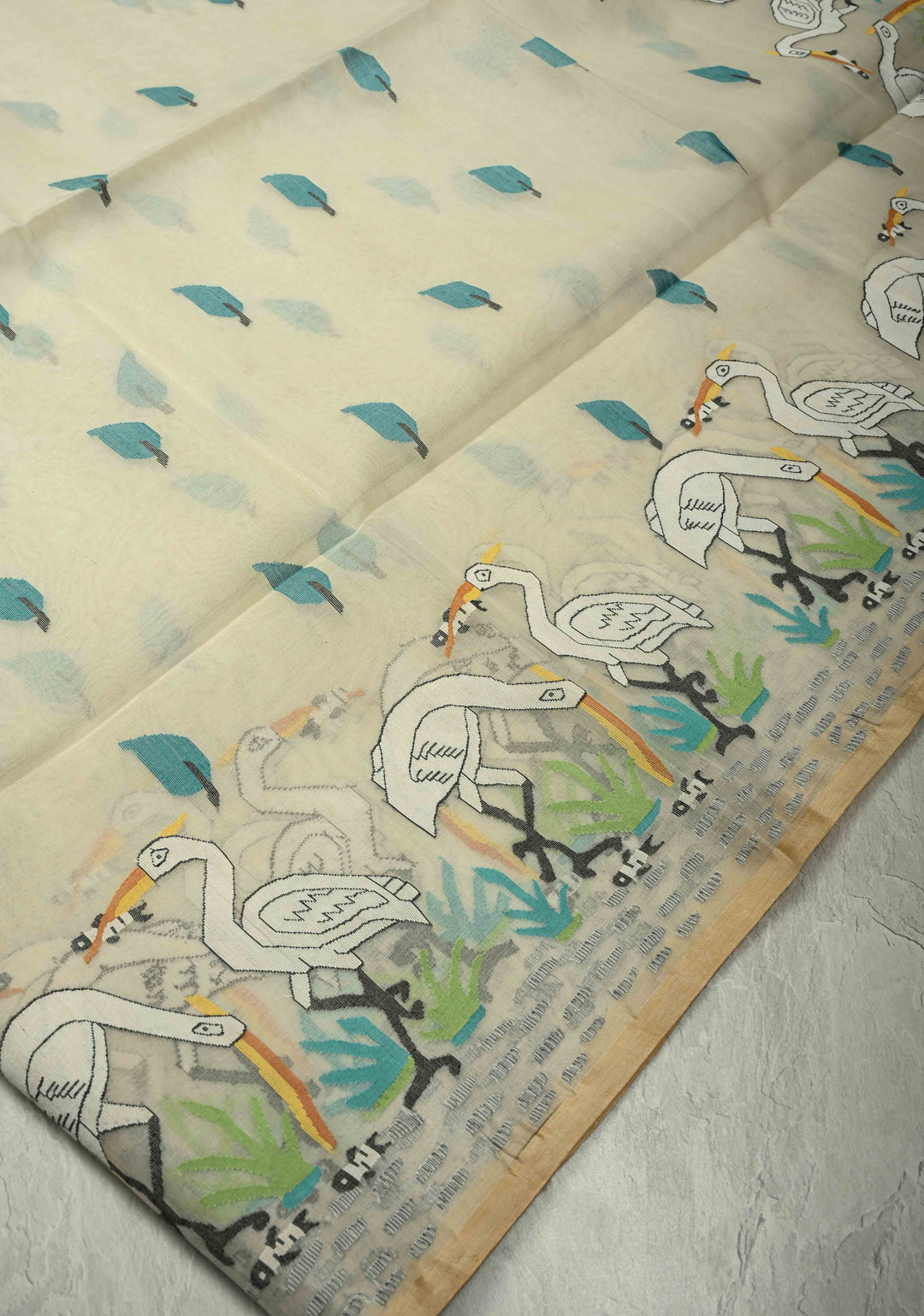 Off White Muslin Silk Saree with Crane Motifs and Full Body Jamdani Weaving | SILK MARK CERTIFIED