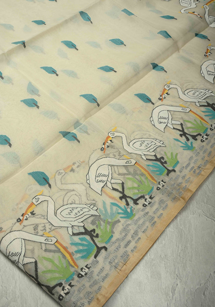 Off White Muslin Silk Saree with Crane Motifs and Full Body Jamdani Weaving | SILK MARK CERTIFIED