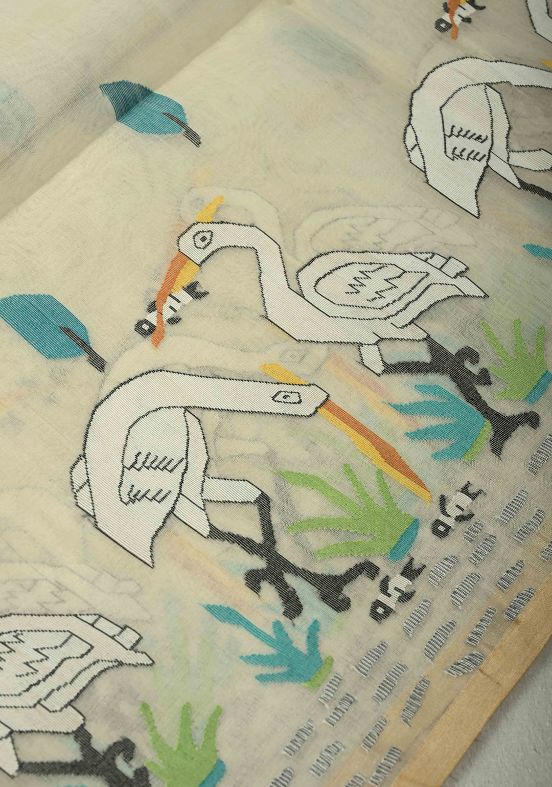 Off White Muslin Silk Saree with Crane Motifs and Full Body Jamdani Weaving | SILK MARK CERTIFIED