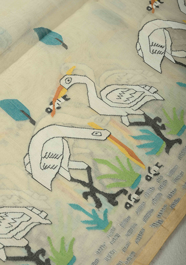 Off White Muslin Silk Saree with Crane Motifs and Full Body Jamdani Weaving | SILK MARK CERTIFIED