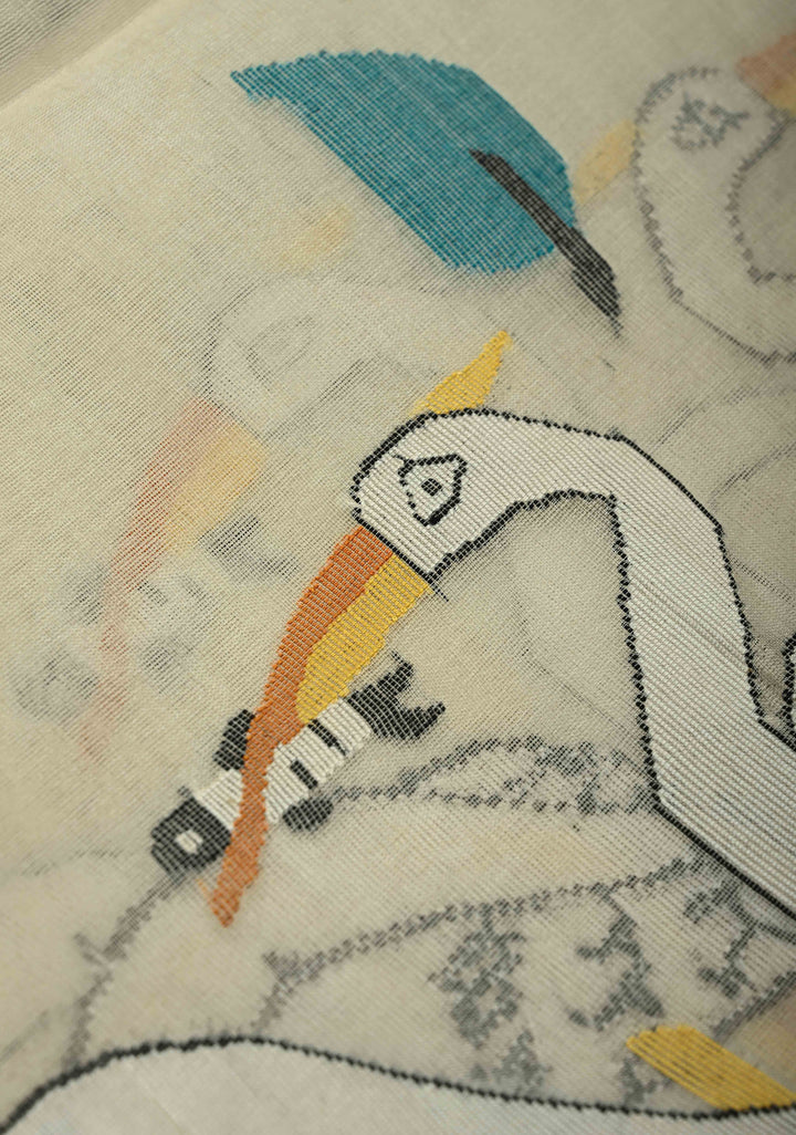 Off White Muslin Silk Saree with Crane Motifs and Full Body Jamdani Weaving | SILK MARK CERTIFIED