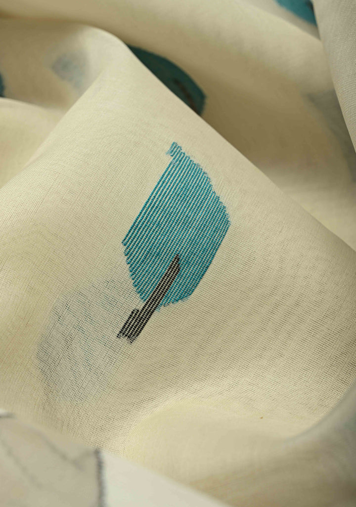 Off White Muslin Silk Saree with Crane Motifs and Full Body Jamdani Weaving | SILK MARK CERTIFIED