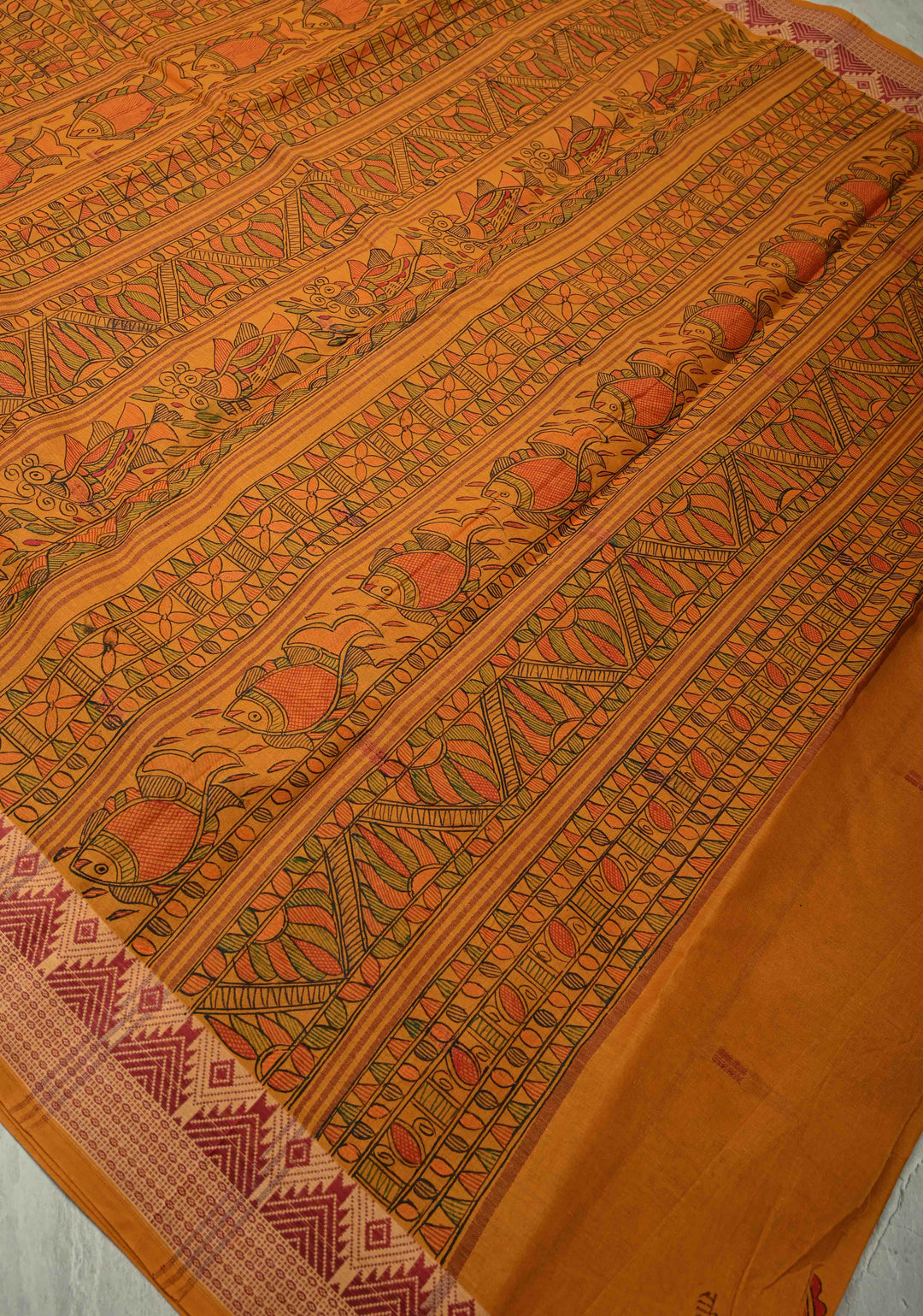 Musturd Yellow Madhubani Hand painted on Cotton Saree with  Buttas and Border