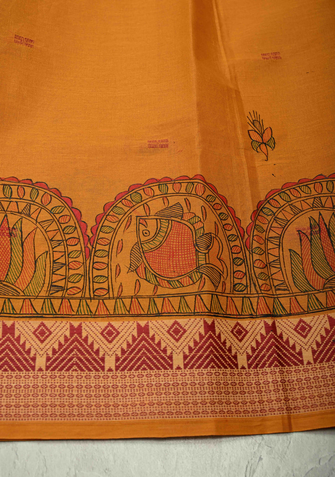 Musturd Yellow Madhubani Hand painted on Cotton Saree with  Buttas and Border