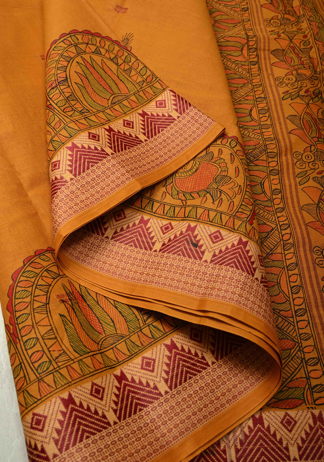 Musturd Yellow Madhubani Hand painted on Cotton Saree with  Buttas and Border
