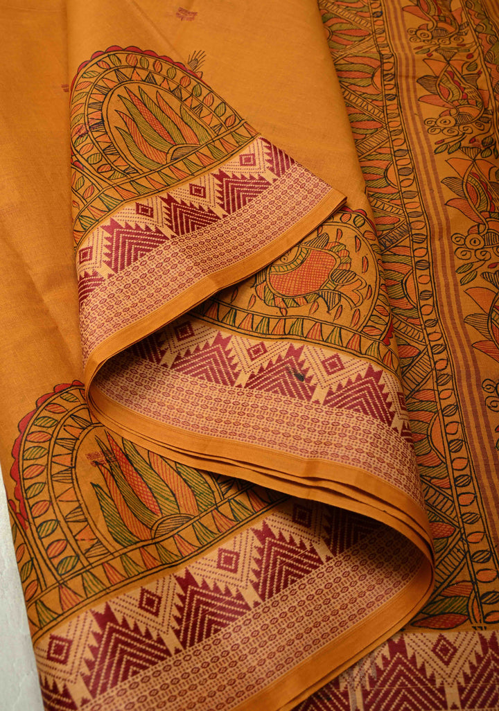 Musturd Yellow Madhubani Hand painted on Cotton Saree with  Buttas and Border