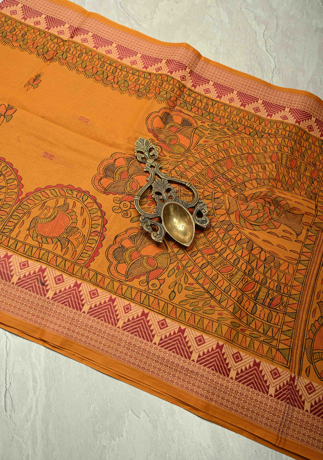 Musturd Yellow Madhubani Hand painted on Cotton Saree with  Buttas and Border