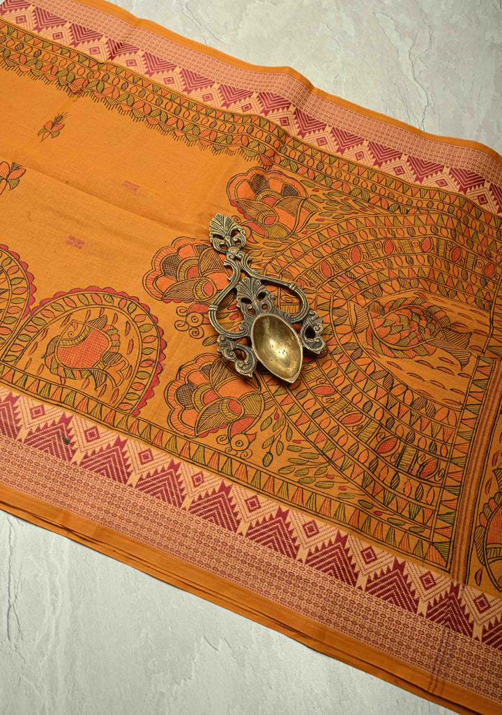 Musturd Yellow Madhubani Hand painted on Cotton Saree with  Buttas and Border