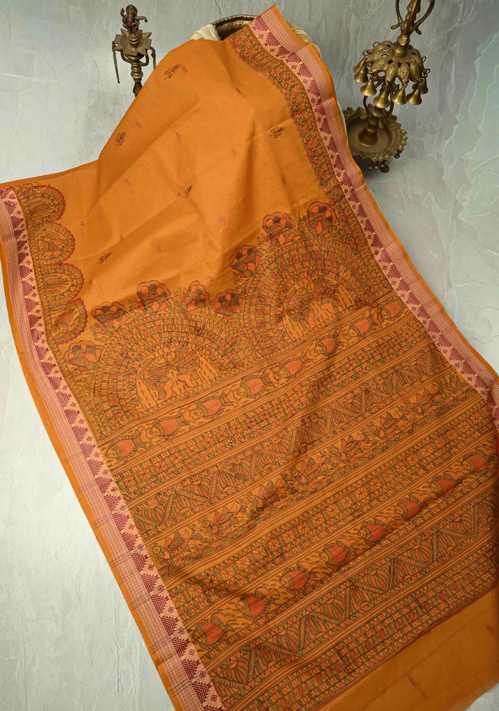 Musturd Yellow Madhubani Hand painted on Cotton Saree with  Buttas and Border