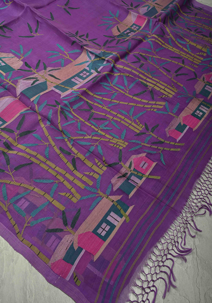 Purple Muslin Silk Saree with Hunt Motif and Full Body Jamdani Weaving | SILK MARK CERTIFIED