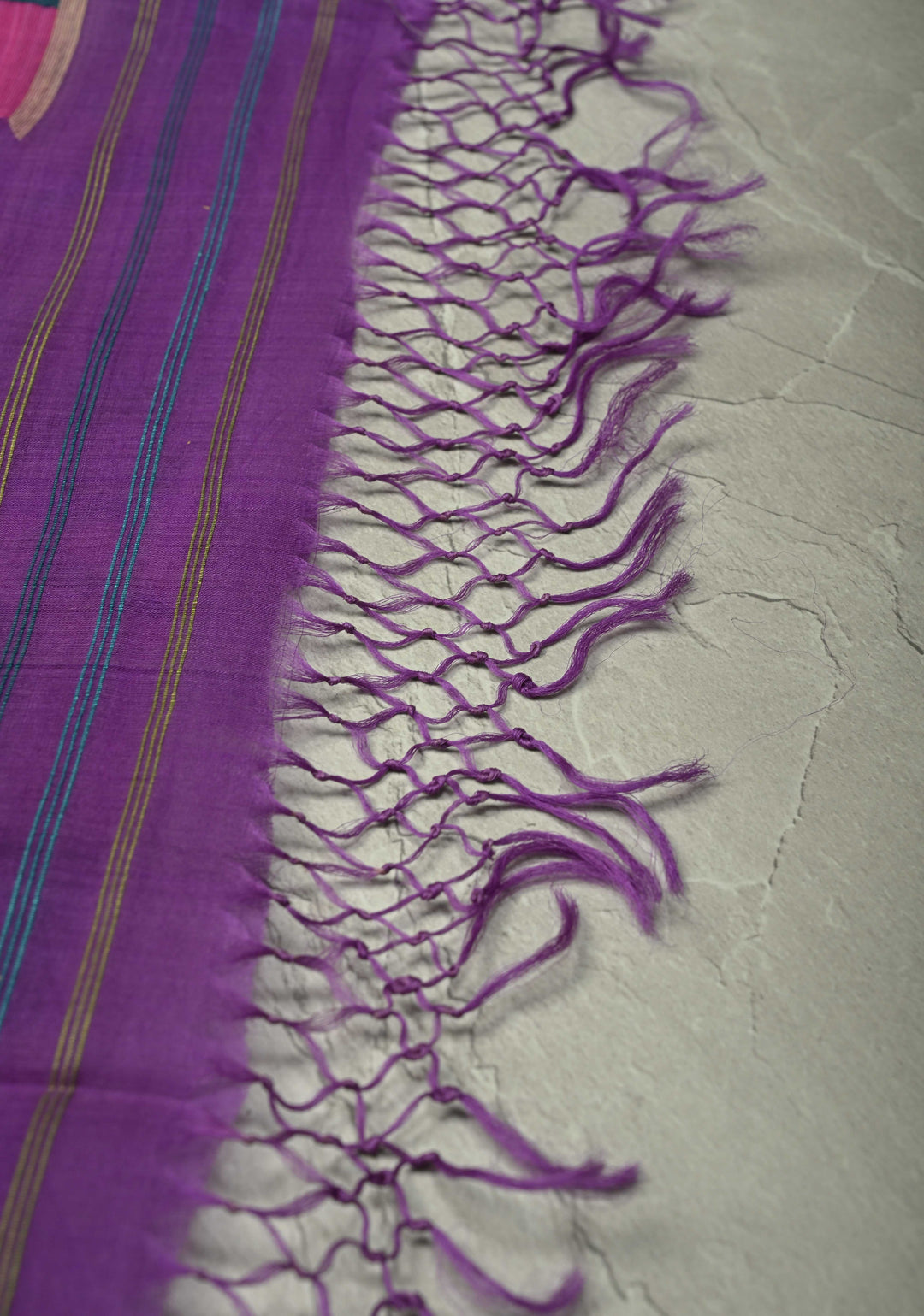 Purple Muslin Silk Saree with Hunt Motif and Full Body Jamdani Weaving | SILK MARK CERTIFIED