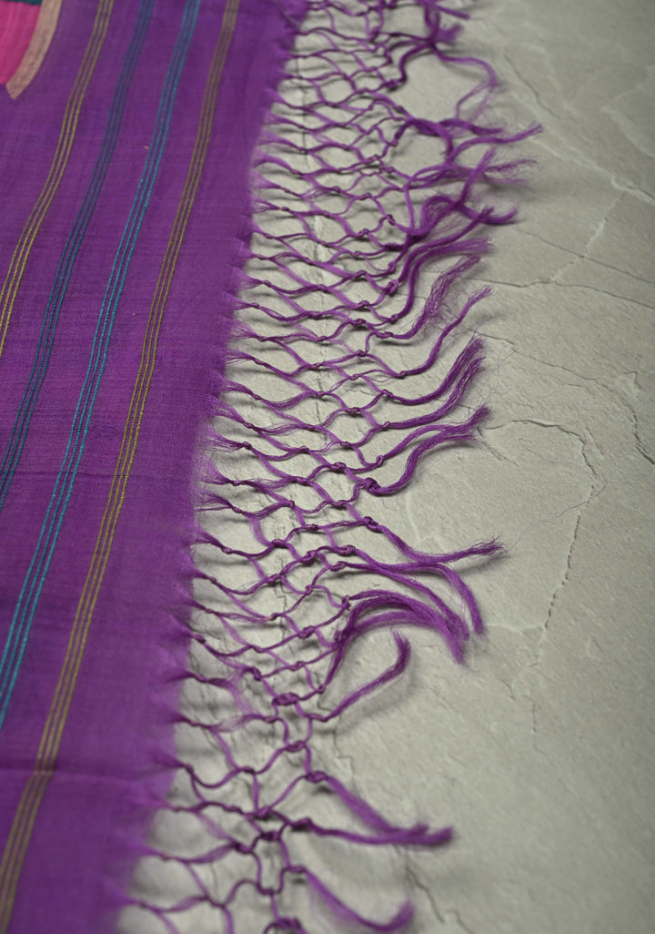 Purple Muslin Silk Saree with Hunt Motif and Full Body Jamdani Weaving | SILK MARK CERTIFIED