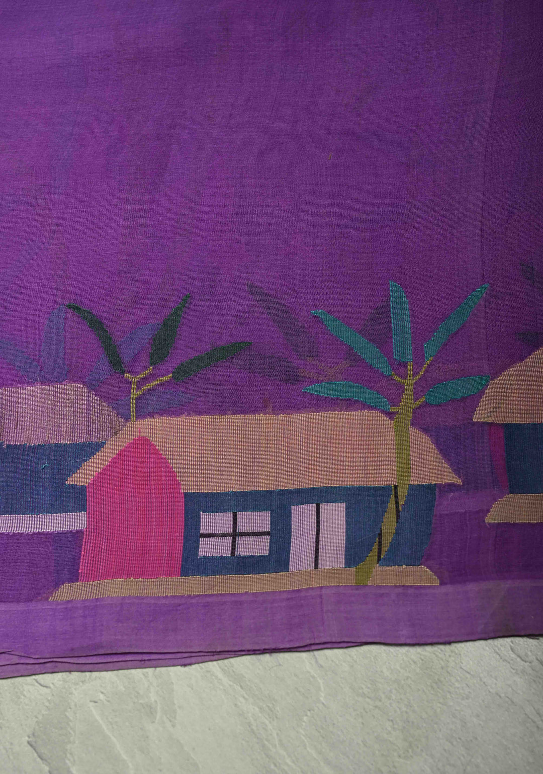 Purple Muslin Silk Saree with Hunt Motif and Full Body Jamdani Weaving | SILK MARK CERTIFIED