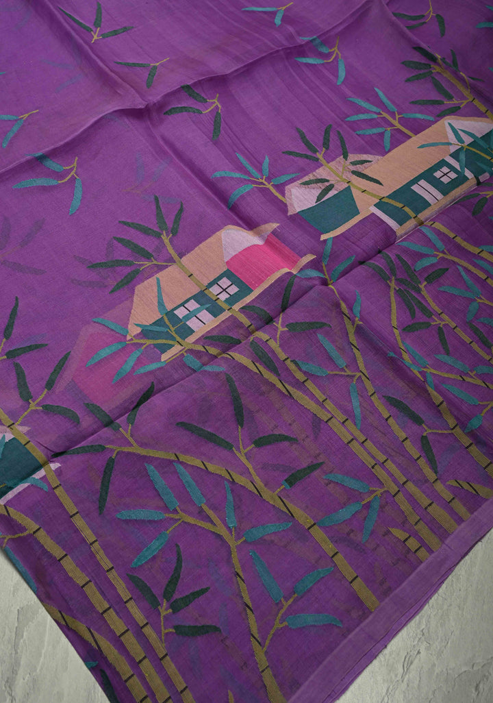 Purple Muslin Silk Saree with Hunt Motif and Full Body Jamdani Weaving | SILK MARK CERTIFIED