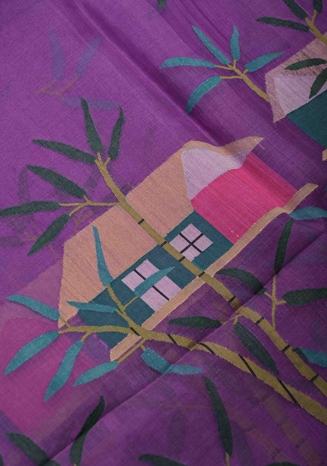 Purple Muslin Silk Saree with Hunt Motif and Full Body Jamdani Weaving | SILK MARK CERTIFIED