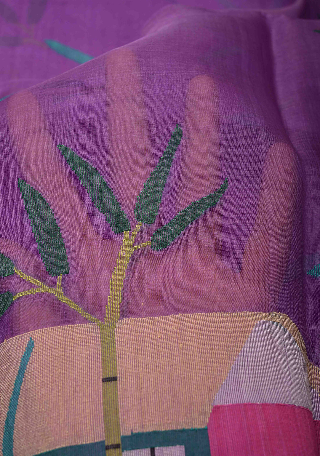 Purple Muslin Silk Saree with Hunt Motif and Full Body Jamdani Weaving | SILK MARK CERTIFIED