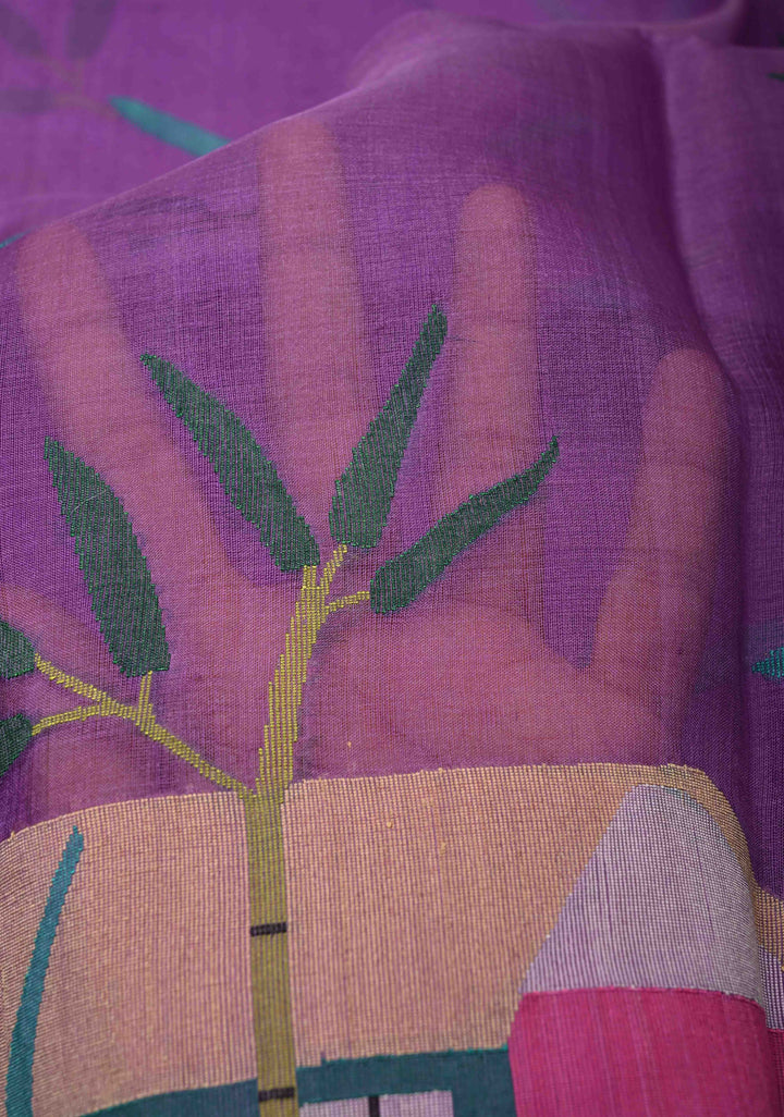 Purple Muslin Silk Saree with Hunt Motif and Full Body Jamdani Weaving | SILK MARK CERTIFIED