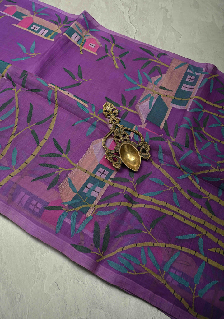 Purple Muslin Silk Saree with Hunt Motif and Full Body Jamdani Weaving | SILK MARK CERTIFIED