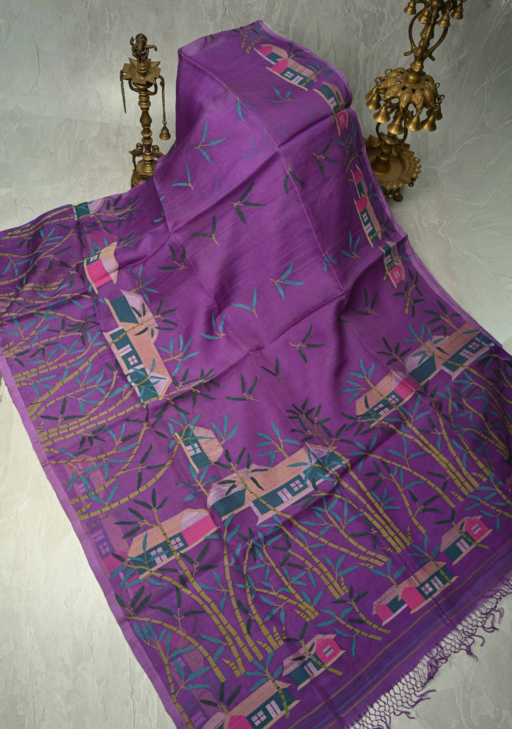 Purple Muslin Silk Saree with Hunt Motif and Full Body Jamdani Weaving | SILK MARK CERTIFIED