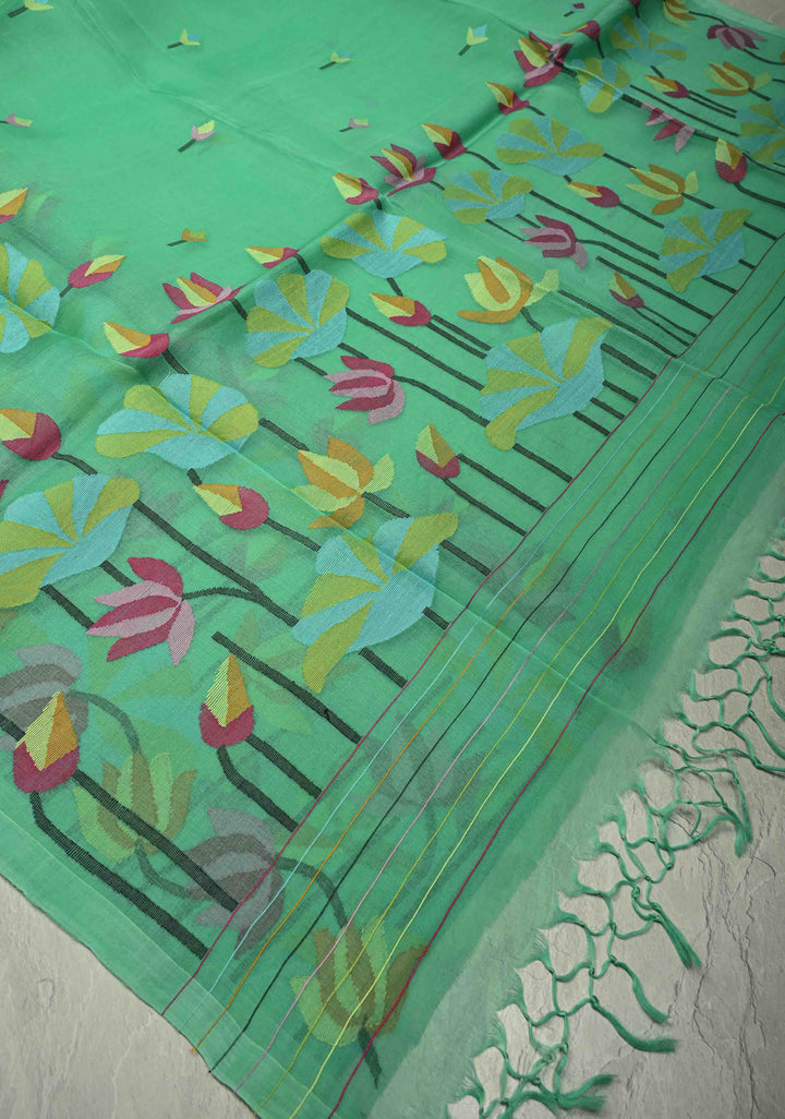 Mint Green Muslin Silk Saree with Floral theme and Full Body Jamdani Weaving | SILK MARK CERTIFIED
