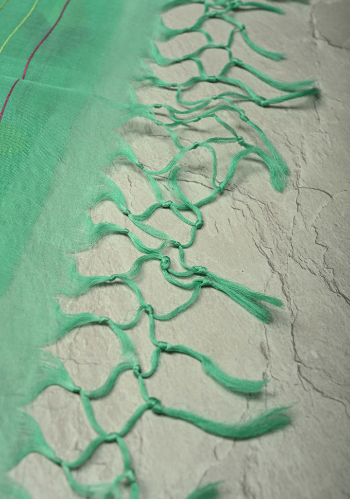 Mint Green Muslin Silk Saree with Floral theme and Full Body Jamdani Weaving | SILK MARK CERTIFIED